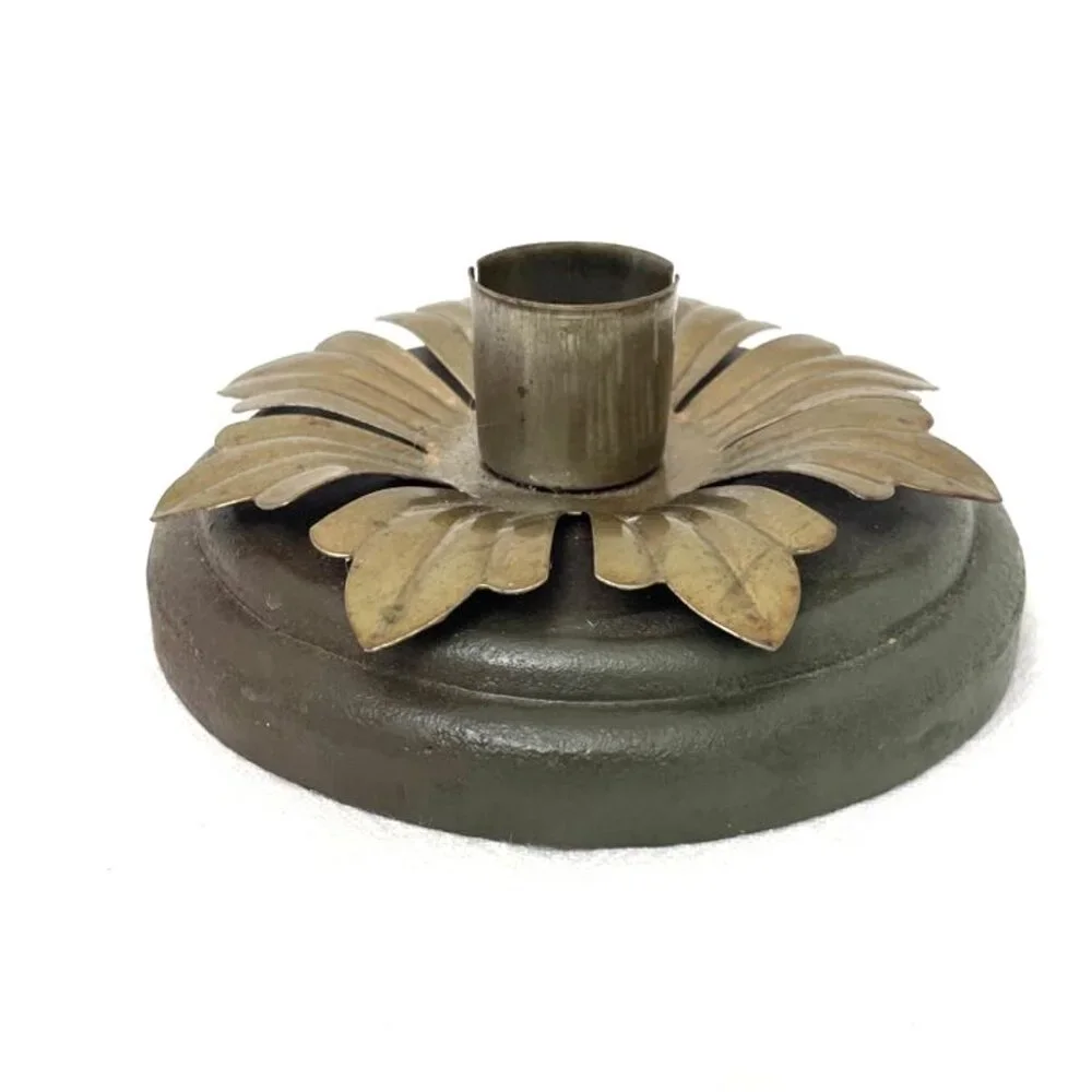 Vtg Wood & Metal Taper Candlestick Holder Flower Brown Antique‎ Brass Toned